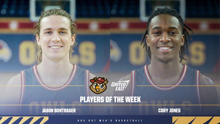 Dual photo template for player spotlight, featuring headshots side by side, with names and 'Players of the Week' title in bold, red accent colors on the bottom.