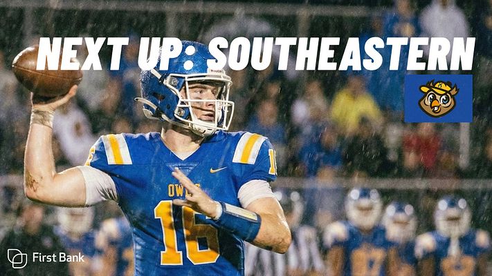 Sports announcement template featuring bold white text 'NEXT UP: SOUTHEASTERN' over an action shot, with logo in the corner and team colors for emphasis.