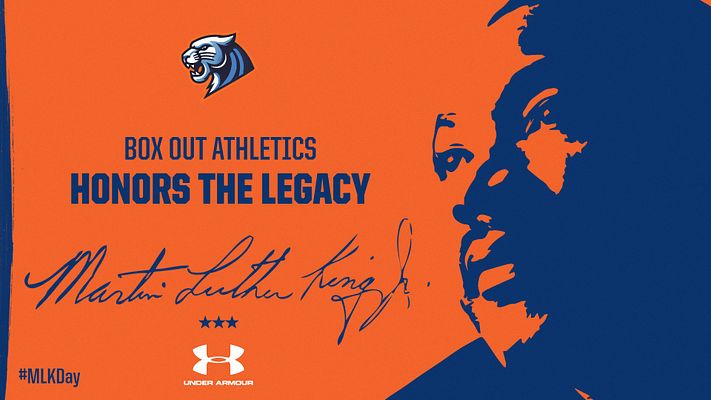 Martin Luther King Jr. Day template with orange and navy color scheme, featuring MLK portrait silhouette, team logo, bold text reading 'Honors the Legacy,' stylized signature, and space for organizational branding. Available in landscape, portrait, and square formats for social media and print use.