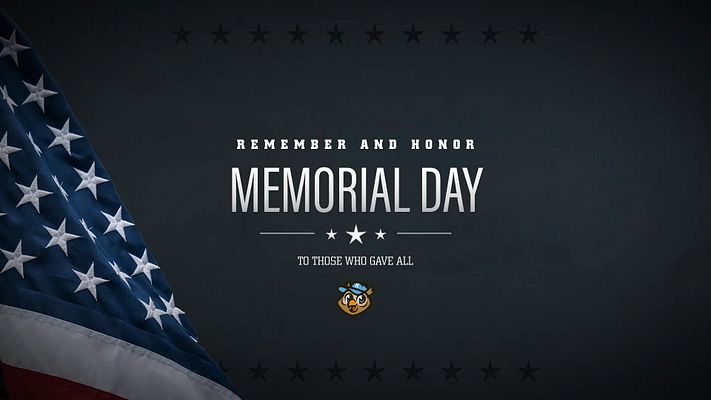 Memorial Day template featuring a dark background, American flag on the left, and central text area with 'Remember and Honor' and 'Memorial Day' in bold. Designed for holiday observance.