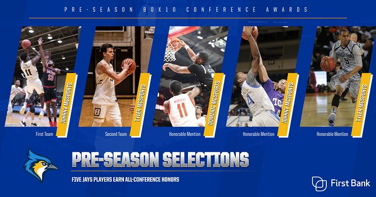 Multi-player spotlight template featuring five angled player photo boxes in a row against a deep blue background, each labeled with award categories like 'First Team' and 'Honorable Mention'. Header text reads 'Pre-Season Selections' with team logo on left and sponsor logo on right.