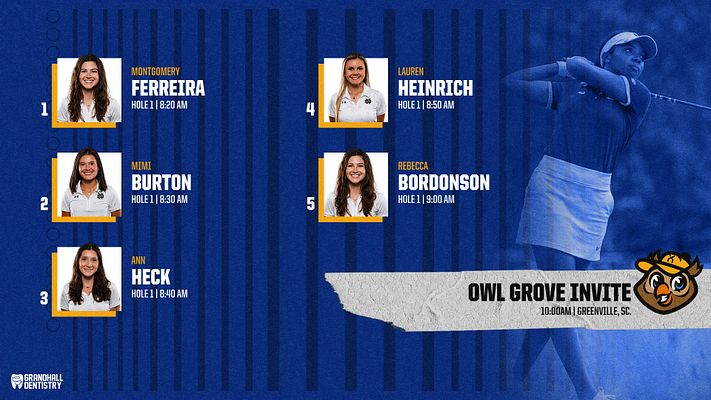 Golf lineup template featuring player photos aligned vertically, start times and holes indicated, with dark blue background and bold event title on the right.