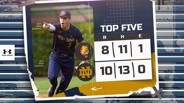 Baseball/Softball score update template featuring a large player photo on the left, score details in a bold format on the right, with a dark blue and gold color scheme.