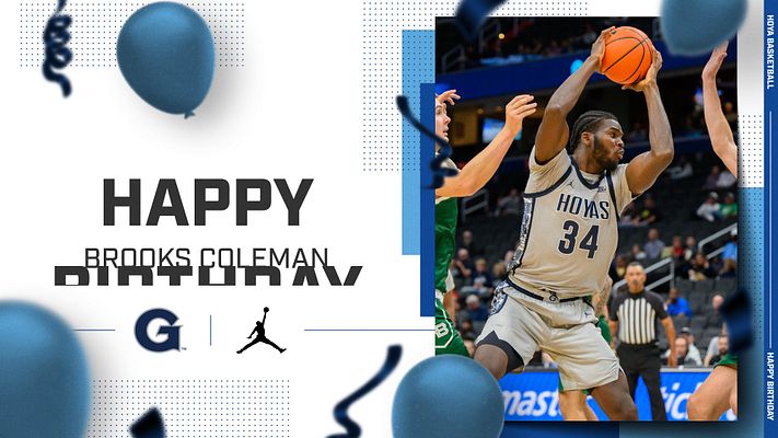 Birthday celebration template with left side featuring large blue balloons and 'Happy Birthday' text with player name area, right side showing player photo space over blue geometric background with team logos and decorative elements