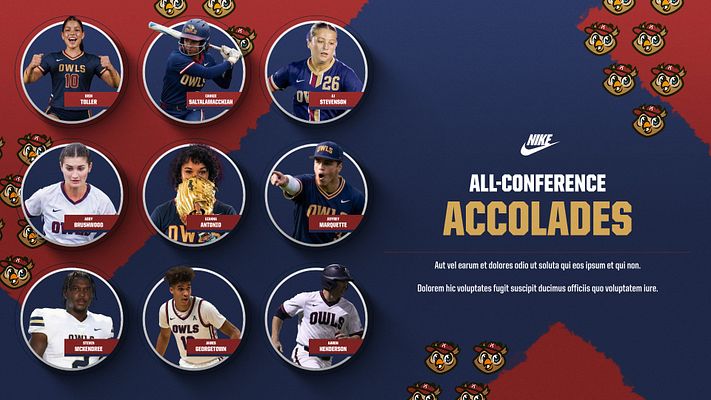 Multi-player spotlight template with 9 circular player photo placeholders arranged in a 3x3 grid, navy and red background, decorative gold emblems, and text area for all-conference accolades. Available in landscape, Instagram, and story formats for social media sharing.