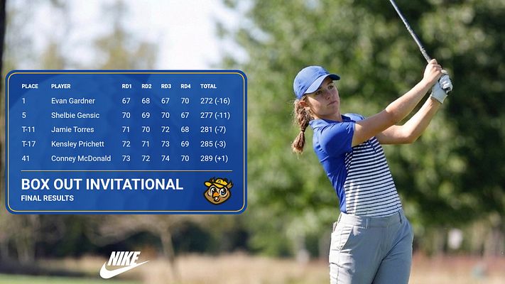 Golf scorecard template featuring player statistics in a blue box, layout includes place, player name, and round scores, with a golfer image in the background.