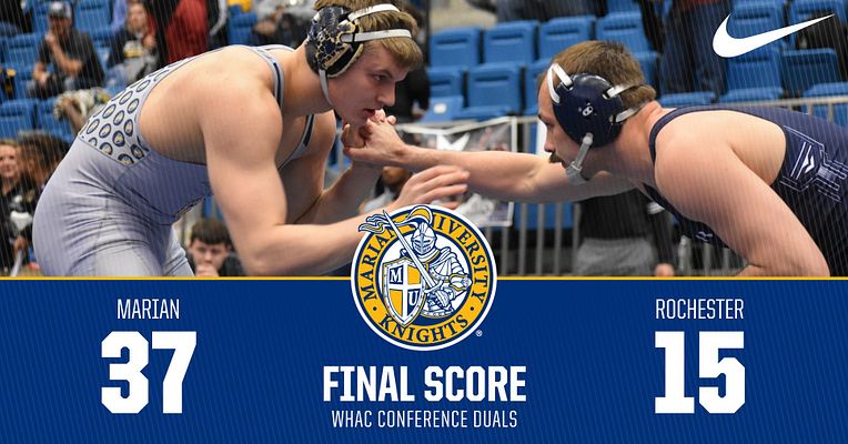 Wrestling score template with two action photos on the left, team scores prominently displayed on the right in bold text, and the event title beneath in a blue and gold color scheme.