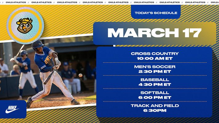 Multi-format daily schedule template with gold and navy color scheme, team logo in circular badge, large action sports photo, and blue banner listing events with times