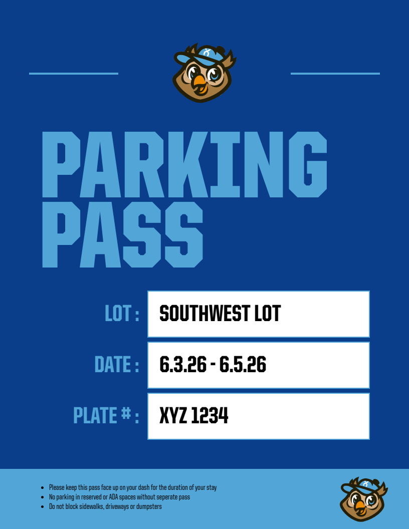 Parking pass template with a blue background, large 'PARKING PERMIT' text at top, and sections for lot, date, and plate number in white text, includes logo at top.