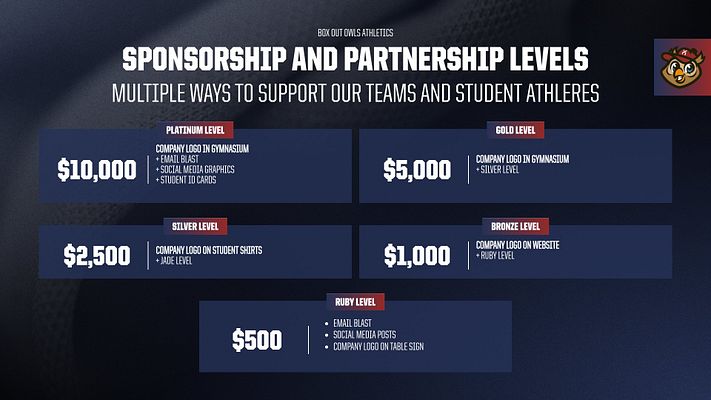 Sponsorship levels template featuring a purple background with tiered pricing structure for youth volleyball sponsorships. Sections for each level with logos and benefits listed clearly.