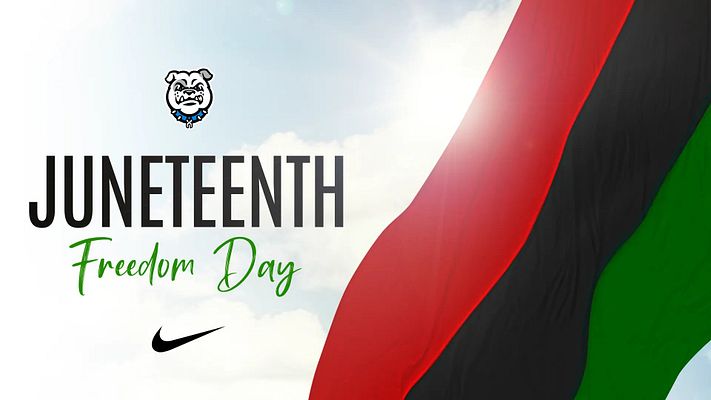 Juneteenth Freedom Day template with light sky background, bold black title text, green cursive subtitle, and red-black-green diagonal stripe design symbolizing freedom and equality. Includes logo placement area. Available in landscape, Instagram, and story formats.