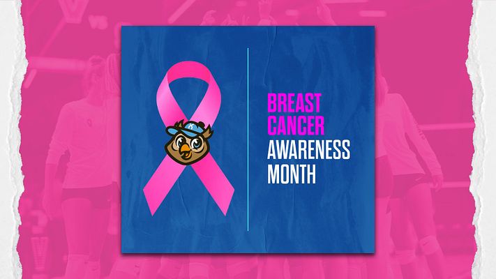 Breast Cancer Awareness template with bright pink background, dark blue center panel featuring oversized pink ribbon, bulldog mascot logo, and bold white and magenta text. Available in landscape, Instagram, and story formats.