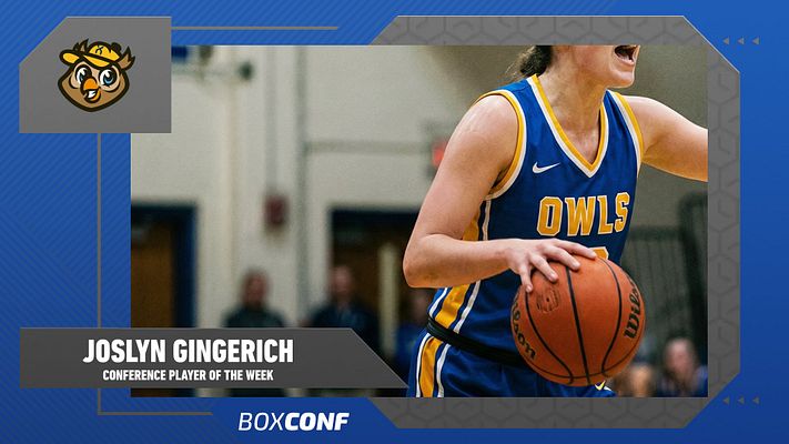 Player spotlight template with bright blue diagonal striped background, team logo in upper left, large player photo area, name and title text banner at bottom, and conference logo placement for multi-format export across landscape, Instagram, and story dimensions