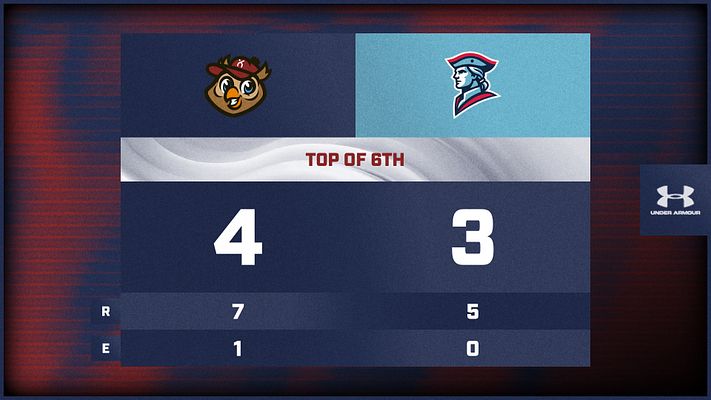 Score template with fractal glass effect featuring two team logos at top, large score display in center (4 vs 3), and statistics rows below showing runs and errors.