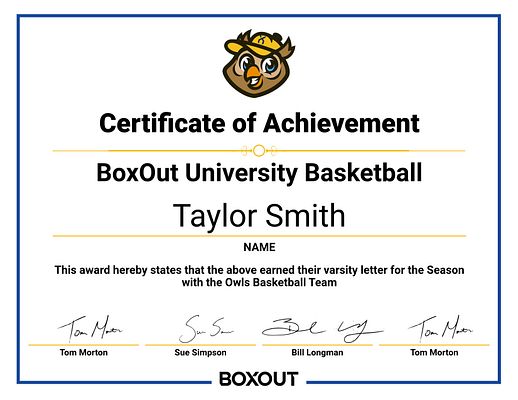 Award certificate template featuring a clean layout with a purple and white color scheme, space for a name in the center, and signature lines at the bottom.