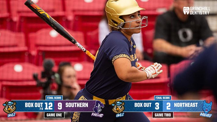 Template for doubleheader score update with a split design showcasing scores for two games, featuring team logos, score text areas, and player action photo in the background.