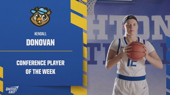 Player spotlight template with split layout: left side features team logo, player name, and award text on blue background with yellow accent stripes; right side displays large player action photo. Designed for social media sharing across multiple formats.