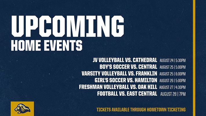 Upcoming events template with dark blue background, bold white text for titles, list of sports events with dates and times, logo on the bottom left and ticket info at the bottom.