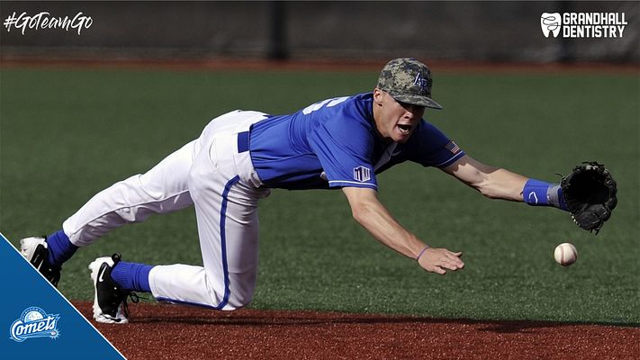 Branded photo template featuring baseball player diving for ball, with sponsor logo in top right corner, team hashtag in top left, and diagonal team logo banner in bottom left on landscape background
