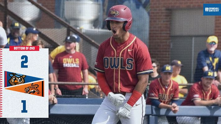Score template featuring a full-frame photo of a player batting, with a left sidebar displaying game score and inning details in a vertical layout.