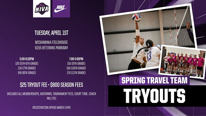Club/League meeting template with purple background, event details on left (date, location, times, fees), and right side featuring two angled photo frames showing volleyball action and team group photo with 'Spring Travel Team Tryouts' text overlay