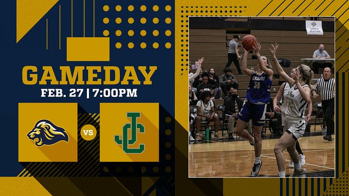 Gameday template featuring a split design; left side with large text for date and time, team logos, and game status, right side showing action photo from a basketball game.