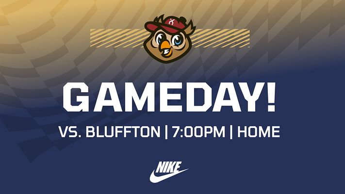 Gameday template with a bold white headline, placeholder for time, date, location details below, and a team mascot graphic at the top against a red and navy background.