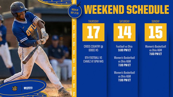 Weekend schedule template with blue and gold color scheme, featuring large basketball player image on left, bold yellow header text, and three-day schedule grid with dates, event titles, and times on right side. Designed for multiple social media formats including landscape, Instagram, and story dimensions.