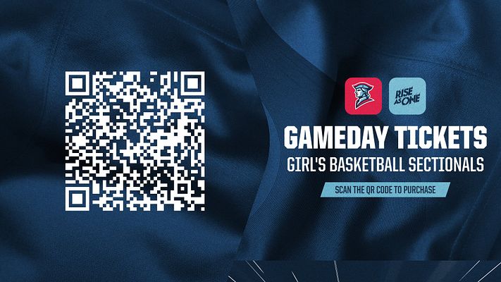 Gameday ticket template with jersey mesh texture, large QR code on the left, bold text for event details, and logos in the top right corner, designed for social media sharing.