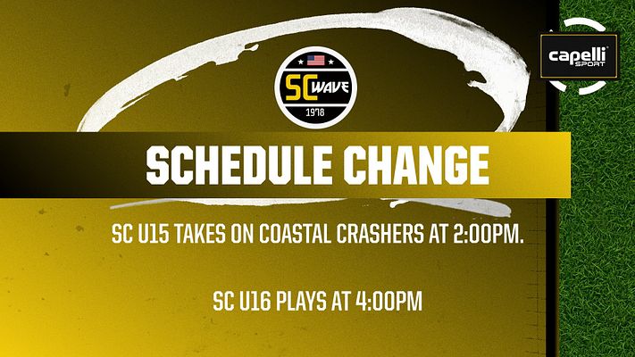 Template for social media graphics featuring bold yellow 'Schedule Change' text on a dark background, with logo and game details arranged for engagement on platforms like Instagram.
