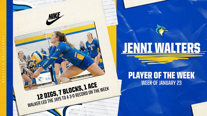 Player spotlight template in polaroid style with blue and gold colors. Left side features photo area with stats text below. Right side displays player name, team logo, and achievement headline with date. Exports to landscape, square, and story formats for social media.