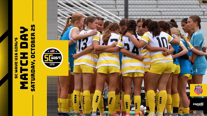 Club gameday template with bold yellow and black diagonal design on left featuring team logo area, full-width team photo on right showing athletes in yellow and white uniforms, text overlay for match details. Available in landscape and portrait formats for social media.