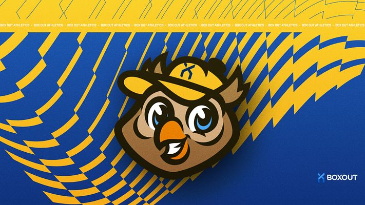 Logo template featuring cartoon owl mascot head with red cap on navy and red diagonal striped background. Includes repeated text header and brand lockup. Available in landscape, Instagram, and story formats.