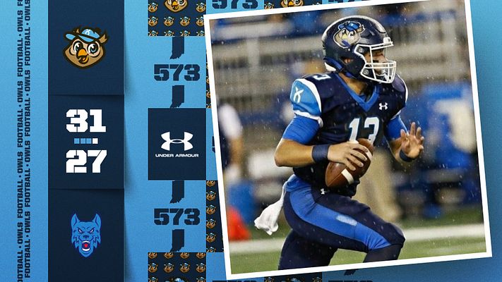 Score update template with blue and black color scheme, featuring large player photo, score display, team logos, and space for branding. Designed for social media sharing.