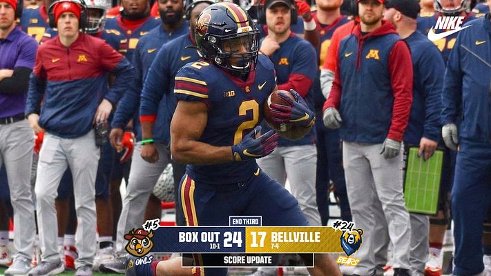 Multi-format score ticker template with full-width sports photo background, team logos on sides, and centered scoreboard banner displaying final score with team names and quarter/time information