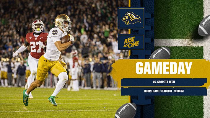 Gameday template featuring an action shot of a football player on the field, with bold yellow text for game details and team branding in dark blue on the right.