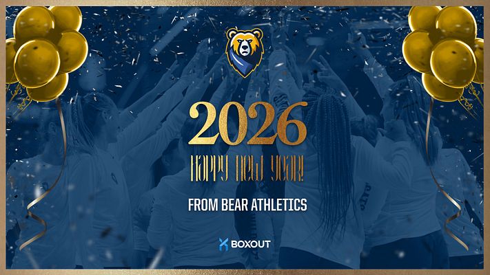 New Year's celebration template featuring gold balloons and confetti, bold '2026 Happy New Year!' text, and a team logo. Designed for social media or flyers.