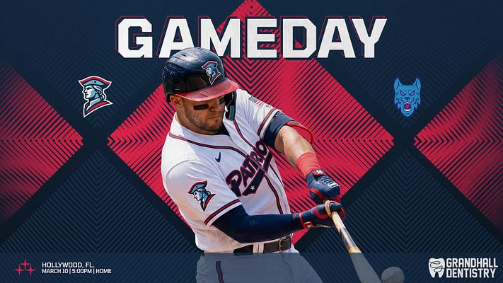 Multi-format gameday template with dark blue and pink chevron pattern background, large player photo in center with team logos on sides, bold GAMEDAY text at top, and location/date and sponsor logo placeholders at bottom