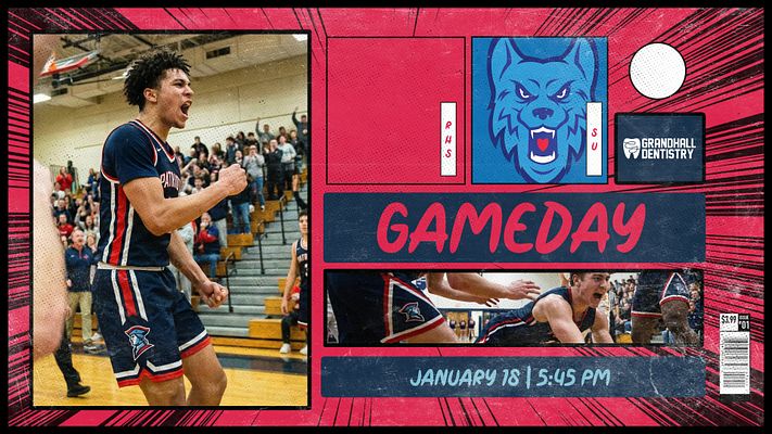 Multi-format gameday template with comic book style. Features player action photo, team logos, bold 'GAMEDAY' text, date and time, and dynamic background design.