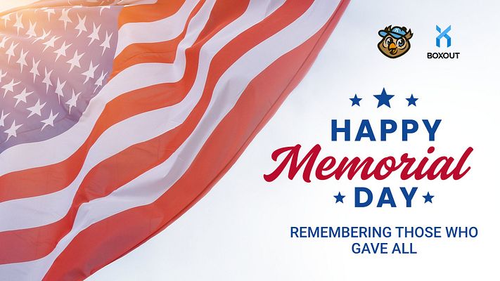 Memorial Day template with American flag on left, patriotic stars and stripes, and right side featuring "Happy Memorial Day" text in blue and red, tagline "Remembering Those Who Gave All," logo placement areas for brands or organizations, available in landscape and portrait formats