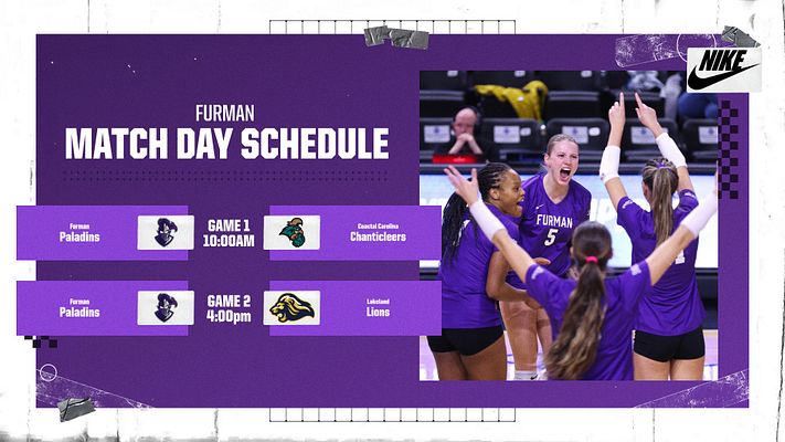Volleyball doubleheader match day template with purple background, two-game schedule on left with team logos and times, large action photo of players celebrating on right, designed for landscape, Instagram, and story formats