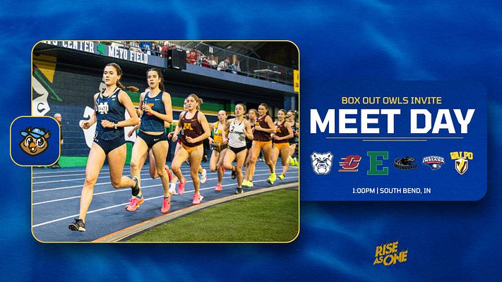 Track meet day template with a blue aquatic background, featured swimmer image on the left, event details on the right, and team logos below the title.