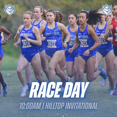 Race day announcement template with photo of athletes running, bold white text overlay reading 'RACE DAY' and event details, team logo in corners, blue color scheme suitable for cross country or track meets