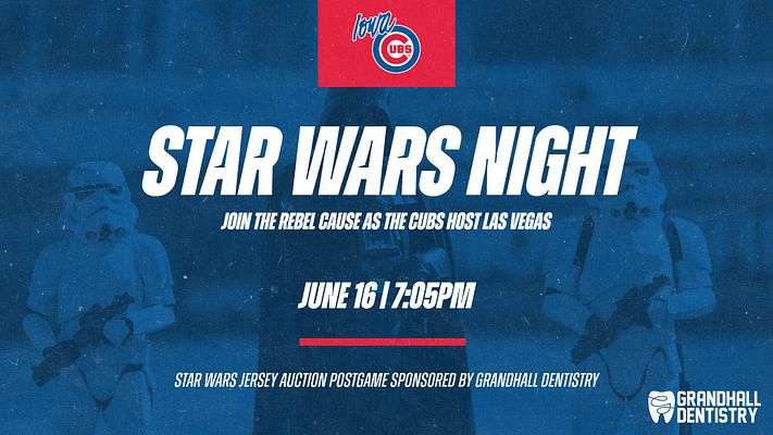 Game promotion template with dark blue background featuring Star Wars characters, Cubs logo at top, large event title, date and time details, and sponsor branding in lower right corner. Designed for Minor League Baseball ticket and game day promotions.