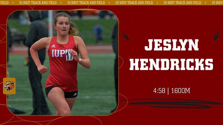 Track and cross country template with deep red background, large rounded photo area on left showing athlete in motion, player name and race time/distance stats on right in white text, school logo in corner, repeating header stripe