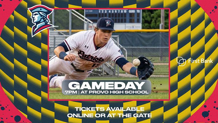 Gameday template with paint splatter design featuring navy and red colors, large photo area with red border, team logo in top left, sponsor logo in top right, game time text overlay, and headline text at bottom for ticket information. Multiple formats available for social media.