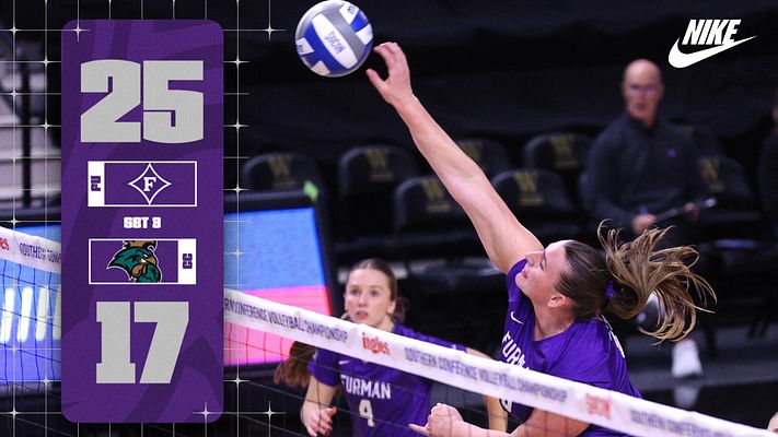 Volleyball score template with dark background, purple accent bar displaying large numbers for scores, set information, and team logos. Features dynamic action photo of player spiking ball. Designed for social media sharing across landscape and portrait formats.