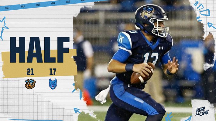 Score update template featuring large halftime banner with team scores, player action photo on right, team logos below score, blue and navy color scheme with graphic accents, designed for social media formats including landscape, Instagram, and story dimensions