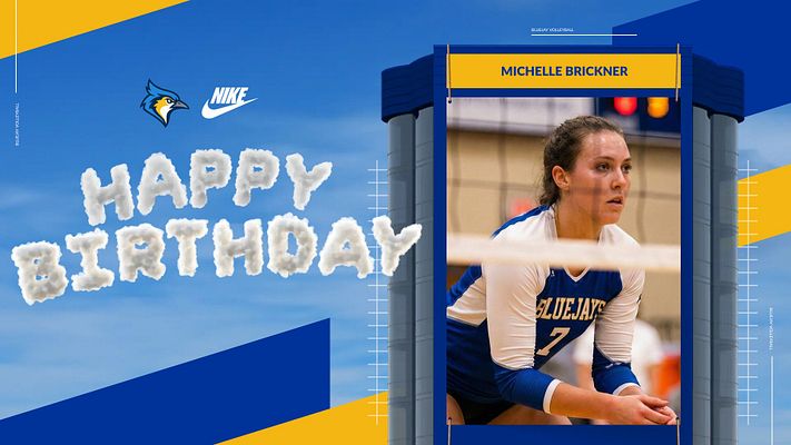Birthday celebration template with blue and gold diagonal design, large fluffy cloud-text saying 'Happy Birthday' on left, and player photo spotlight frame on right with name banner and team logo placement