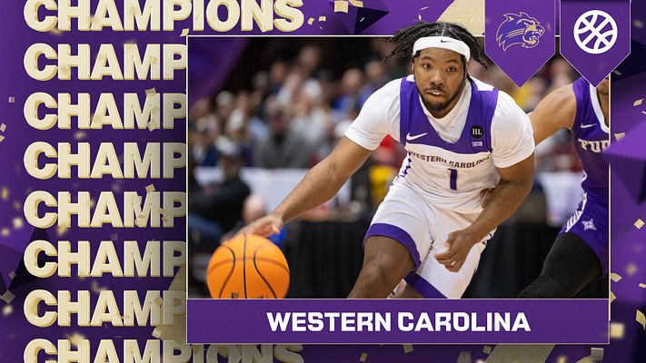 Champions template with dynamic layout featuring athlete action shot on the left, bold 'CHAMPIONS' text background, and team name 'WESTERN CAROLINA' prominently displayed below.
